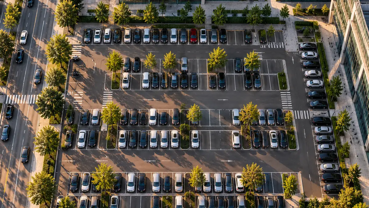 Vista dall'alto di un grande parcheggio pieno di auto accanto a un edificio per uffici