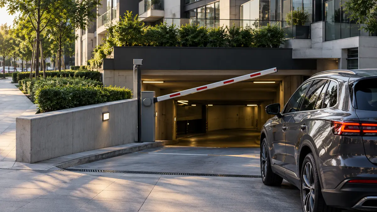 Auto davanti alla sbarra di un parcheggio sotterraneo che si apre, all'ingresso di un condominio moderno