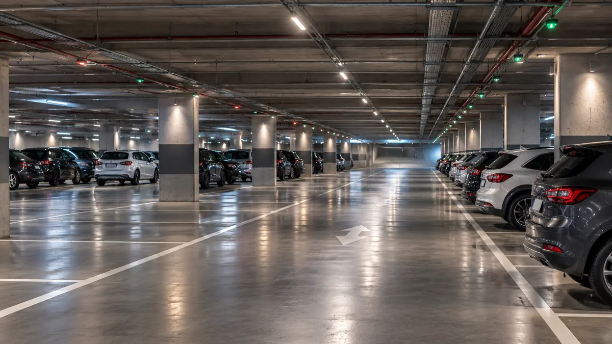 Parcheggio aziendale sotterraneo illuminato, con auto parcheggiate e corsia libera
