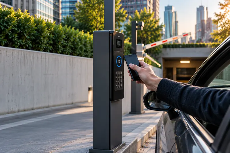 Automobilista che apre il varco del parcheggio avvicinando lo smartphone alla colonnina di accesso