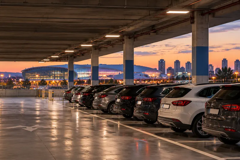 Parcheggio coperto pieno di auto al tramonto, con un palazzetto per eventi e i grattacieli sullo sfondo