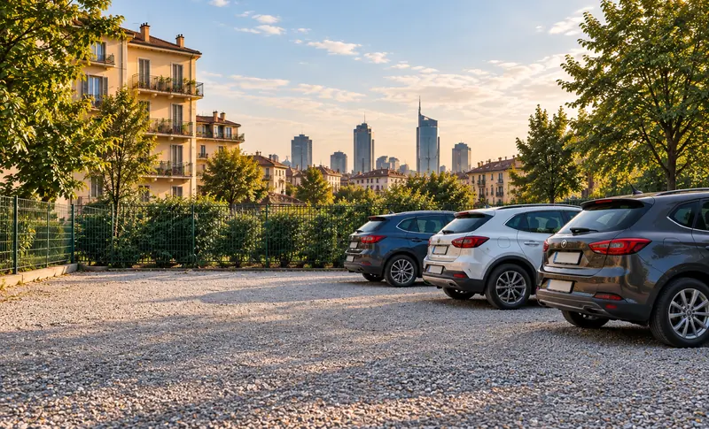 Area di sosta su ghiaia con auto parcheggiate a Milano